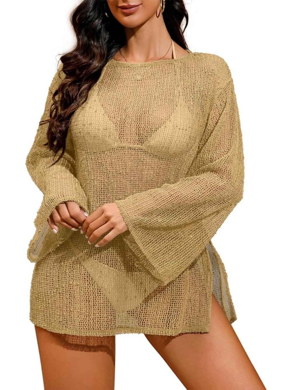 Women Khaki Polyester Crochet Mesh Cover Up Beach Swimsuit Bathing Suit Sparkle